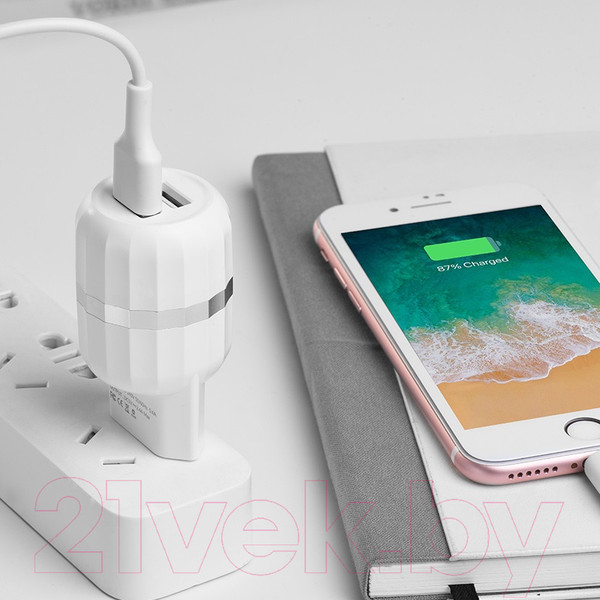 Изображение товара Зарядное устройство сетевое Hoco C41A + кабель AM-8pin Lightning / 6957531080589 (белый)