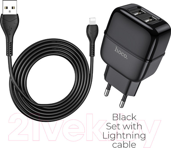 Изображение товара Зарядное устройство сетевое Hoco C77A + кабель AM-8pin Lightning / 6931474723567 (черный)