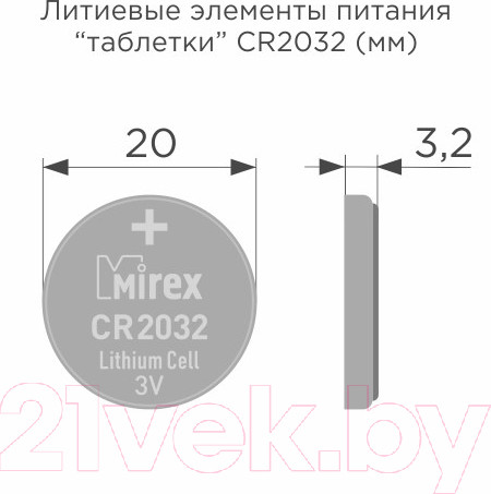 Изображение товара Батарейка Mirex CR2032 3V / 23702-CR2032-E1