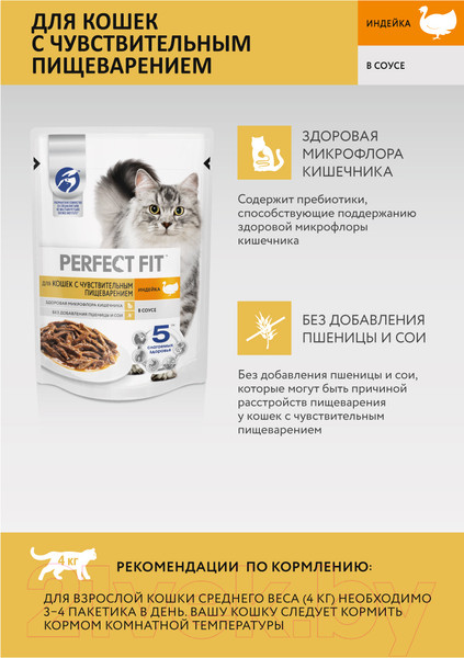 Изображение товара Влажный корм для кошек Perfect Fit Для взрослых с чувствительным пищеварением. Индейка в соусе (75г)