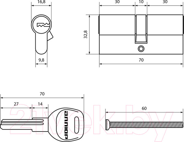 Изображение товара Цилиндровый механизм замка Аллюр HD F 70-5K CP 35x35 перфорированный (хром)