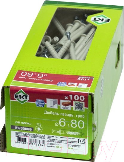 Изображение товара Дюбель-гвоздь ЕКТ Грибовидный 6x80 / BW000009 (100шт, нейлон)