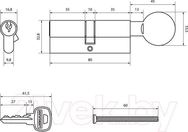 Изображение товара Цилиндровый механизм замка Аллюр AG 80-6К CP вертушка (хром)