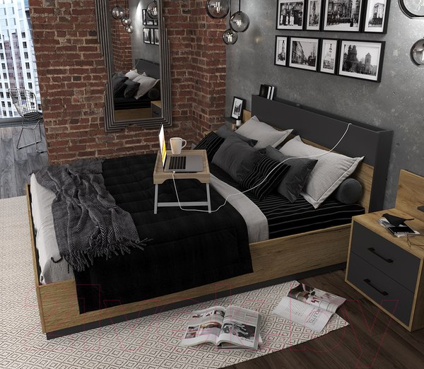 Изображение товара Двуспальная кровать Интерлиния Loft LT-К160 160x200 (дуб золотой/антрацит)