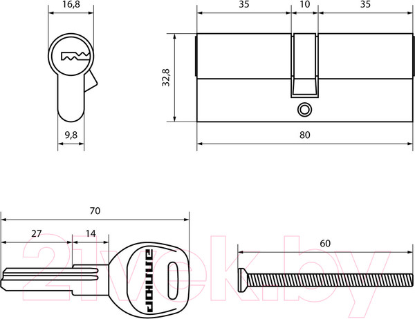 Изображение товара Цилиндровый механизм замка Аллюр HD F 80-5K CP 40x40 перфорированный ключ (хром)