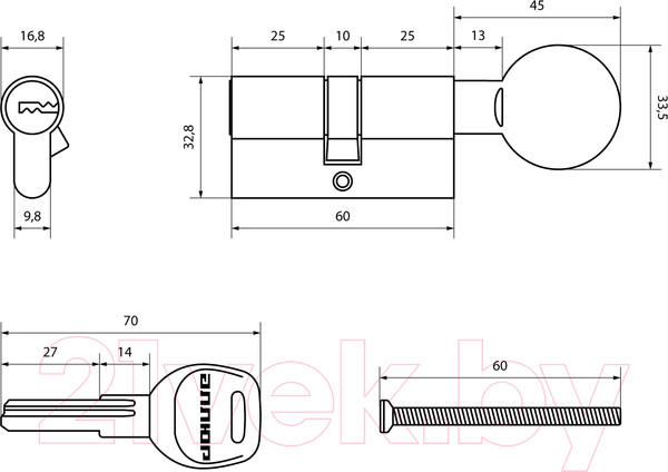 Изображение товара Цилиндровый механизм замка Аллюр HD FG 60-5K BP вертушка перфорированный ключ (латунь)