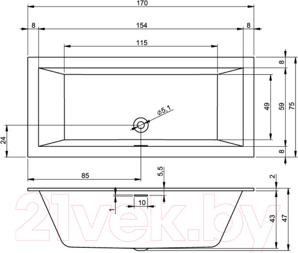 Изображение товара Ванна акриловая Riho Rethink Cubic 170 / BR07105 (с ножками)