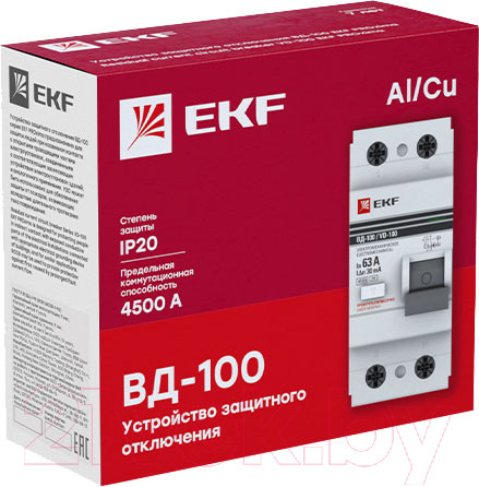 Изображение товара Устройство защитного отключения EKF PROxima ВД-100 2P 63А 30мА / elcb-2-63-30-em-pro