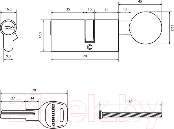 Изображение товара Цилиндровый механизм замка Аллюр HD FG 70-5K СP Вертушка перфорированный (25Gx10x35, хром)