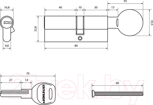 Изображение товара Цилиндровый механизм замка Аллюр HD FG 80-5K ВP 30Gx10x40 вертушка перфорированный ключ (латунь)