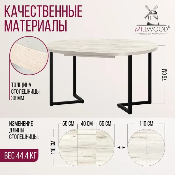 Изображение товара Обеденный стол Millwood Лофт Лондон раздвижной / D110-150x110x76 (дуб белый Craft/металл черный)