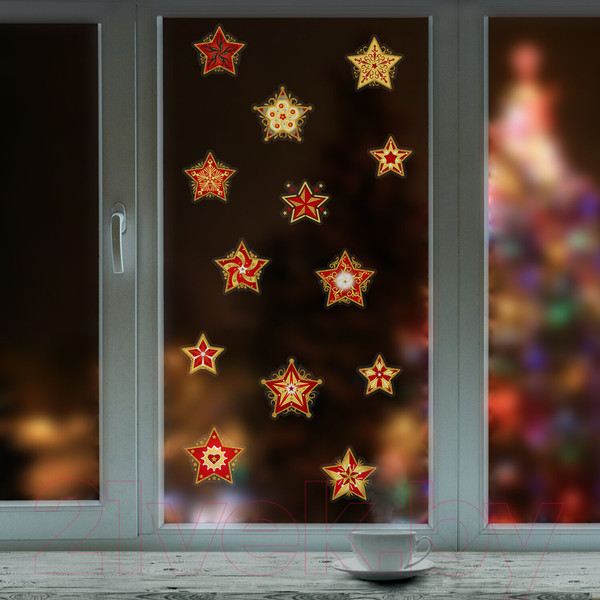 Изображение товара Набор наклеек на окно Золотая сказка Красно-золотые снежинки 4 / 591210