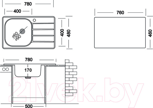 Изображение товара Мойка кухонная Ukinox Гранд GRM780.480-GT6K 1R (с сифоном S701 )