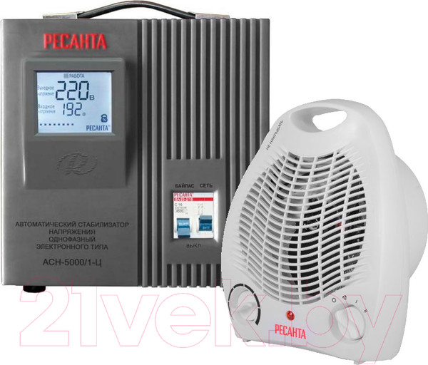 Изображение товара Стабилизатор напряжения Ресанта АСН- 5 000/1-Ц (63/6/6) + Тепловентилятор ТВС-1 (67/2/1)