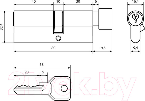 Изображение товара Цилиндровый механизм замка Стандарт Z.I.80В-5K CP (30Bx10x40)