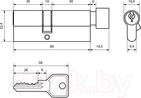 Изображение товара Цилиндровый механизм замка Стандарт Z.I.80В-5K CP (30x10x40B)