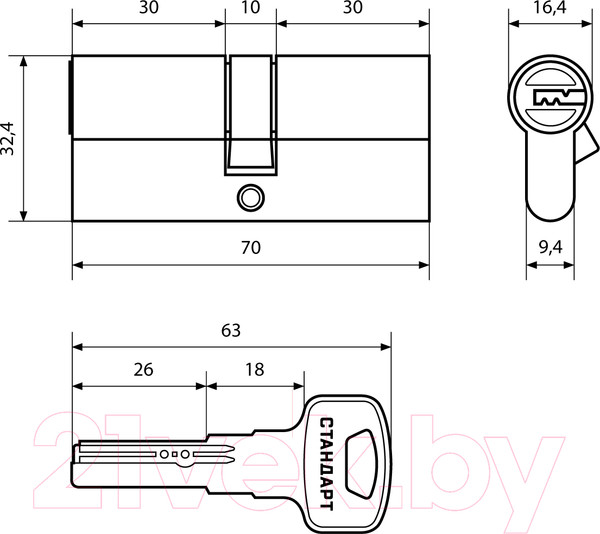 Изображение товара Цилиндровый механизм замка Стандарт Z.F.70-5K SN (30x10x30)