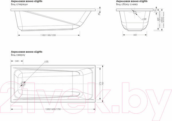 Изображение товара Ванна акриловая МетаКам Light 160x70