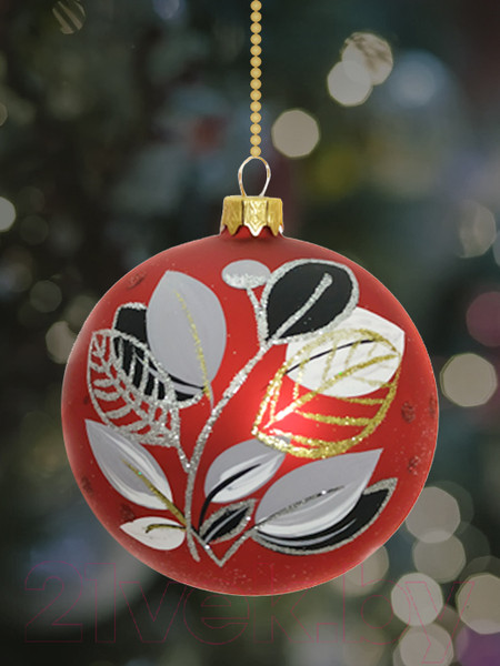 Изображение товара Шар новогодний Декарт Серые черные листья 8Ш0033 (10см, красный)