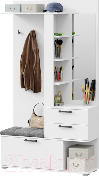 Изображение товара Секция в прихожую ТриЯ Эрика с крючками и зеркалом тип 2 (белый ясень)