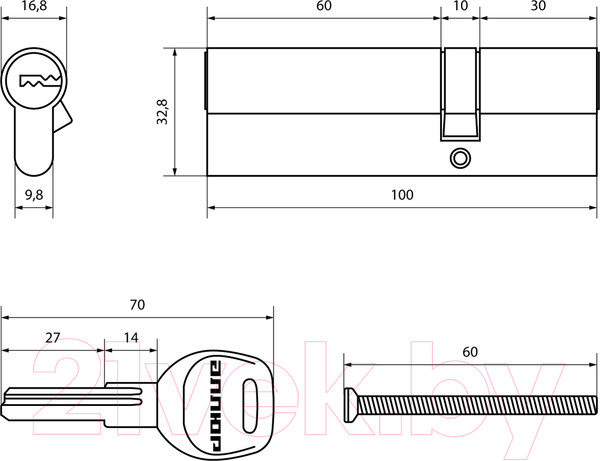 Изображение товара Цилиндровый механизм замка Аллюр HD F 100-5K BP 30x10x60 перфорированный ключ (латунь)