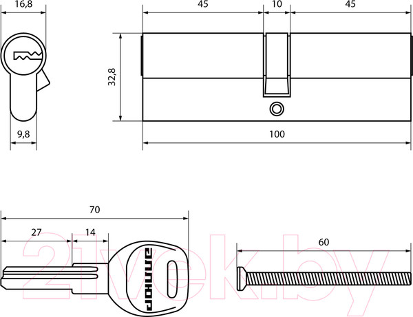 Изображение товара Цилиндровый механизм замка Аллюр HD F 100-5K CP 45x10x45 перфорированный ключ (хром)