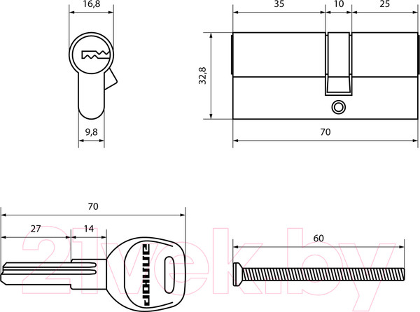 Изображение товара Цилиндровый механизм замка Аллюр HD F 70-5K BP 25x10x35 перфорированный ключ (латунь)