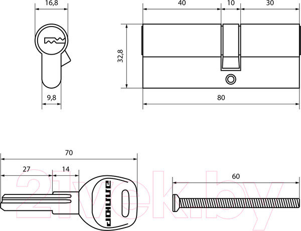 Изображение товара Цилиндровый механизм замка Аллюр HD F 80-5K BP 30x10x40 перфорированный ключ (латунь)