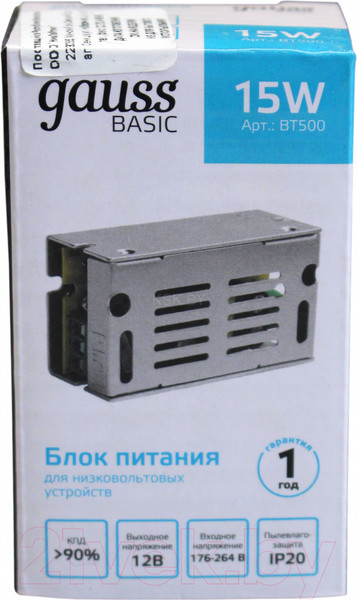 Изображение товара Адаптер для светодиодной ленты Gauss Basic 15W 12V IP20 1/50 / BT500