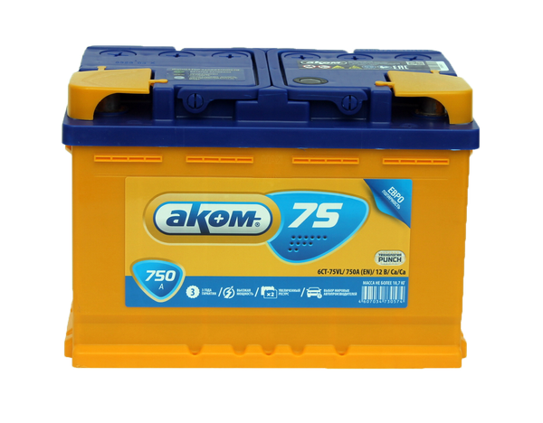 Изображение товара Автомобильный аккумулятор AKOM 6СТ-75 Евро R+ 750A (75 А/ч)