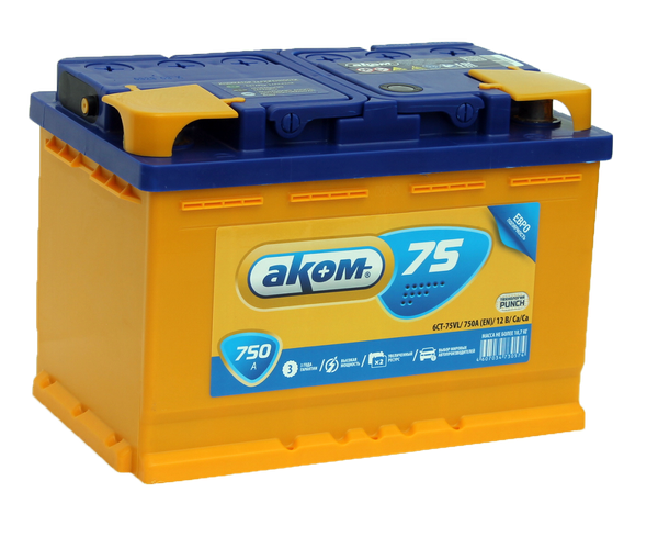 Изображение товара Автомобильный аккумулятор AKOM 6СТ-75 Евро R+ 750A (75 А/ч)