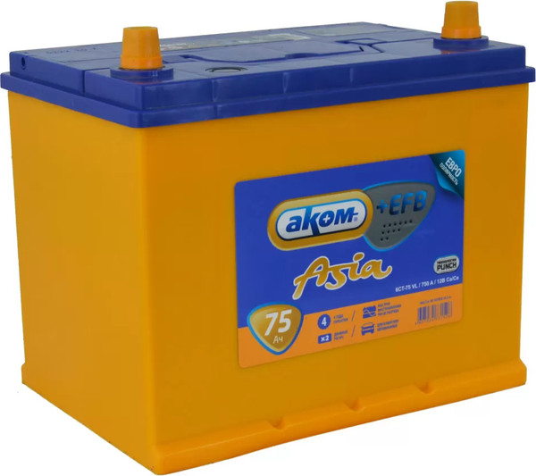 Изображение товара Автомобильный аккумулятор AKOM Asia 6СТ-75VL +EFB L+ 750A (75 А/ч)