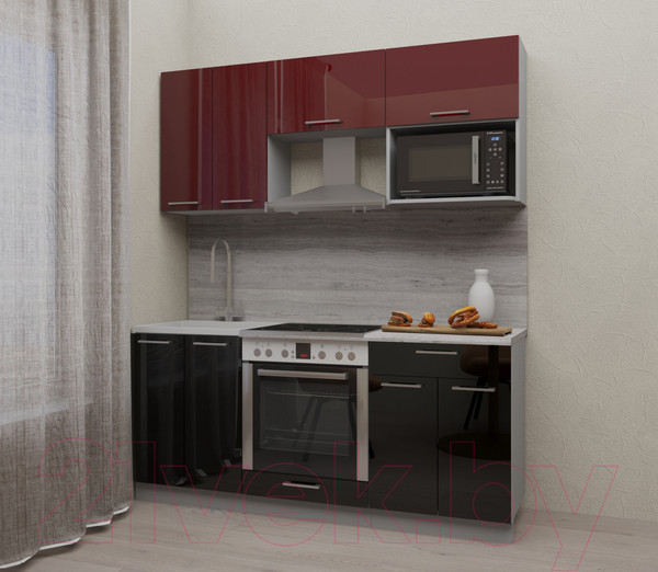 Изображение товара Кухонный гарнитур Интерлиния Мила Gloss 1.8 (бордовый/черный)