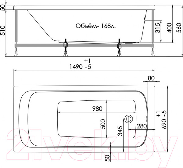 Изображение товара Ванна акриловая 1AcReal Gamma 150x70 (с каркасом и экраном)