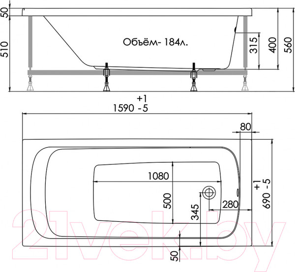 Изображение товара Ванна акриловая 1AcReal Gamma 160х70 (с каркасом)
