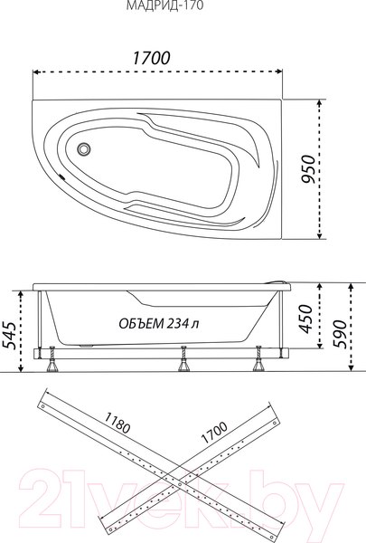 Изображение товара Ванна акриловая 1AcReal Мадрид 170х95 R (с каркасом и экраном)