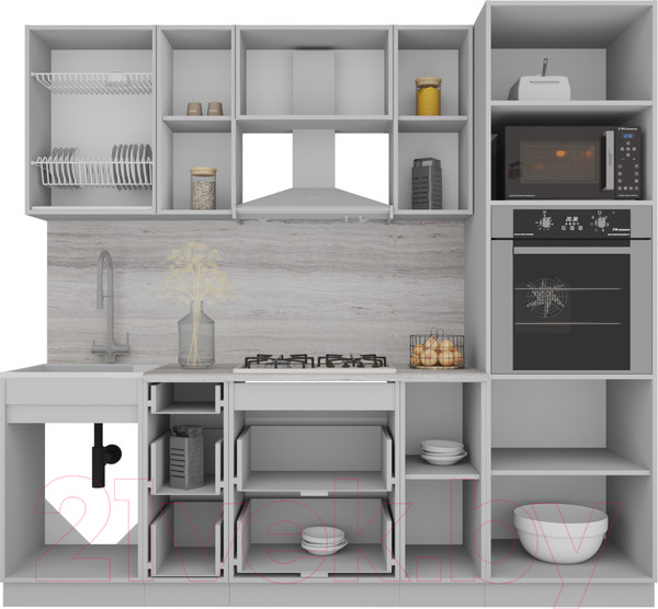 Изображение товара Кухонный гарнитур Интерлиния Мила Gloss 2.3 (белый/белый/травертин серый)