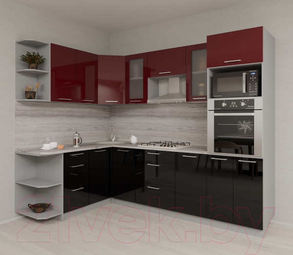 Изображение товара Кухонный гарнитур Интерлиния Мила Gloss 1.68x2.6 левая (бордовый/черный)