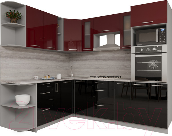 Изображение товара Кухонный гарнитур Интерлиния Мила Gloss 1.88x2.4 левая (бордовый/черный)