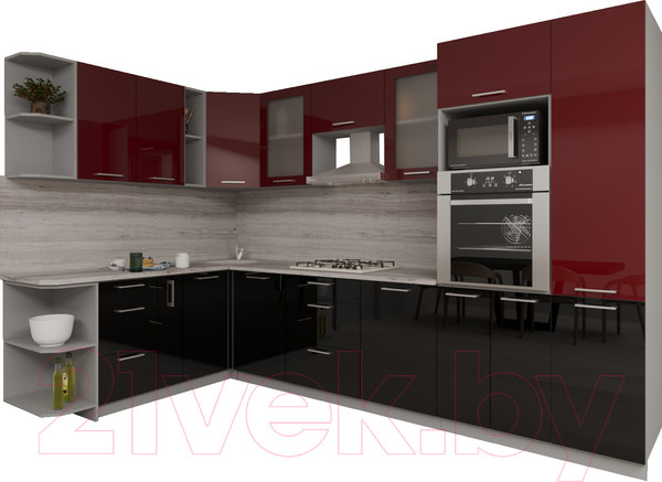 Изображение товара Кухонный гарнитур Интерлиния Мила Gloss 1.88x3.2 левая (бордовый/черный)