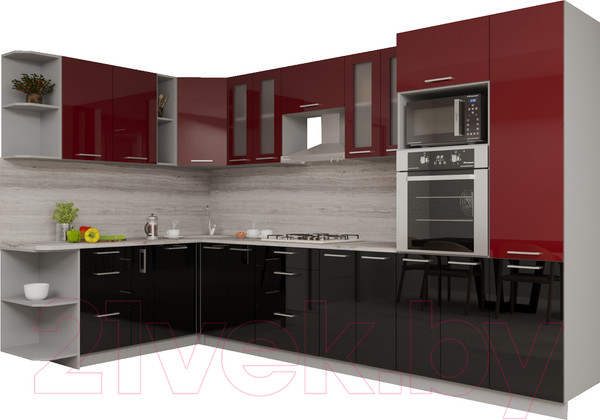 Изображение товара Кухонный гарнитур Интерлиния Мила Gloss 1.88x3.4 левая (бордовый/черный)
