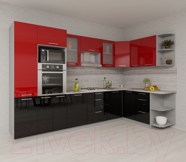 Изображение товара Кухонный гарнитур Интерлиния Мила Gloss 1.68x3.2 правая (красный/черный)