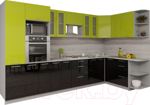 Изображение товара Кухонный гарнитур Интерлиния Мила Gloss 1.68x3.4 правая (яблоня/черный)