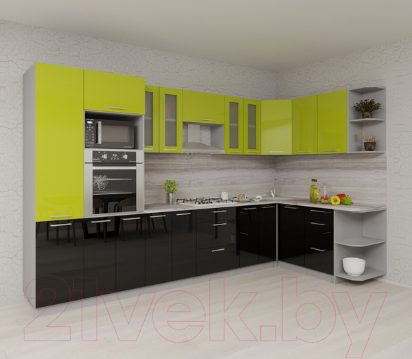 Изображение товара Кухонный гарнитур Интерлиния Мила Gloss 1.68x3.4 правая (яблоня/черный)