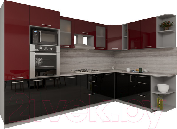 Изображение товара Кухонный гарнитур Интерлиния Мила Gloss 1.88x3.2 правая (бордовый/черный)