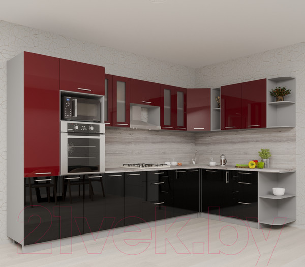 Изображение товара Кухонный гарнитур Интерлиния Мила Gloss 1.88x3.4 правая (бордовый/черный)