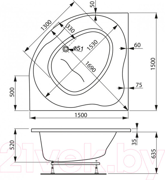 Изображение товара Ванна акриловая VagnerPlast Plejada 150x150 / VPBA150PLE3X-04 (с каркасом и экраном)