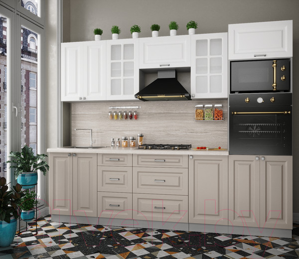 Изображение товара Кухонный гарнитур Интерлиния Мила Деко 2.6 (белый/луна/травертин серый)