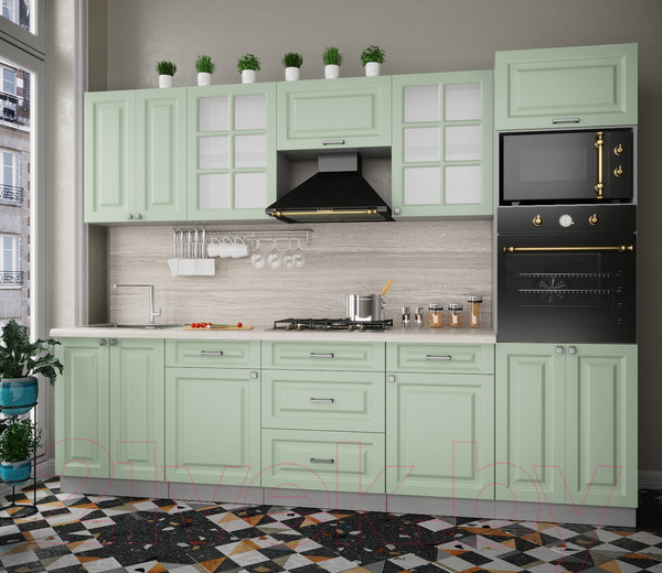 Изображение товара Кухонный гарнитур Интерлиния Мила Деко 2.8 (мята/мята/травертин серый)