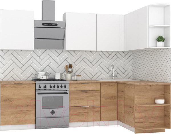 Изображение товара Кухонный гарнитур Интермебель Микс Топ-13 2.1x1.5м правая (белый премиум/дуб крафт золотой/венато)